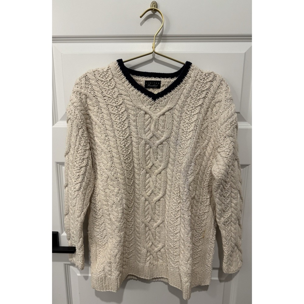 LIMITED Women's Handknit Sweater Medium M Cream Navy Cable Knit V Neck Wool